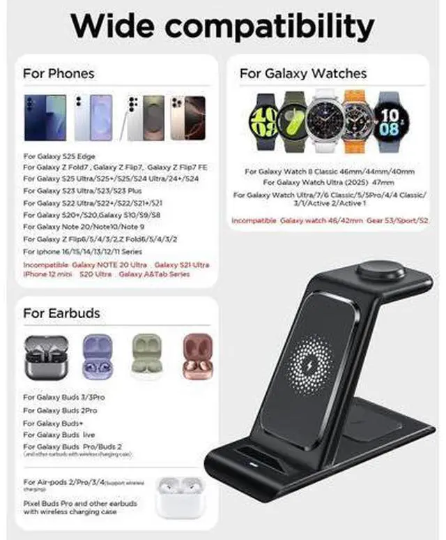 Alt view image 2 of 7 - Wireless Charging Station for Wireless Charger Galaxy Watch 8/7/6/5/4/3 Active 2/1 Stand Galaxy S25 Ultra/S25/S24/S23/S22/S21/Note20/10 Z Fold Flip 7 Galaxy Buds3/2 Pro/Live Multiple Devices