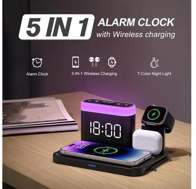 Alt view image 2 of 7 - Wireless Charging Station 5 in 1 Multiple Charger Stand with Alarm Clock 7 Night Light Mag-Safe Charging Dock for iPhone 17 16 15 14 13 12 Pro Max Plus Watch 11/10/9/8 for Airpods Bedroom