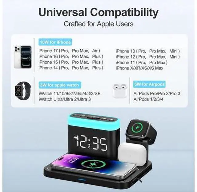 Alt view image 3 of 7 - Wireless Charging Station 5 in 1 Multiple Charger Stand with Alarm Clock 7 Night Light Mag-Safe Charging Dock for iPhone 17 16 15 14 13 12 Pro Max Plus Watch 11/10/9/8 for Airpods Bedroom
