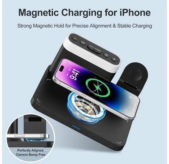 Alt view image 4 of 7 - Wireless Charging Station 5 in 1 Multiple Charger Stand with Alarm Clock 7 Night Light Mag-Safe Charging Dock for iPhone 17 16 15 14 13 12 Pro Max Plus Watch 11/10/9/8 for Airpods Bedroom