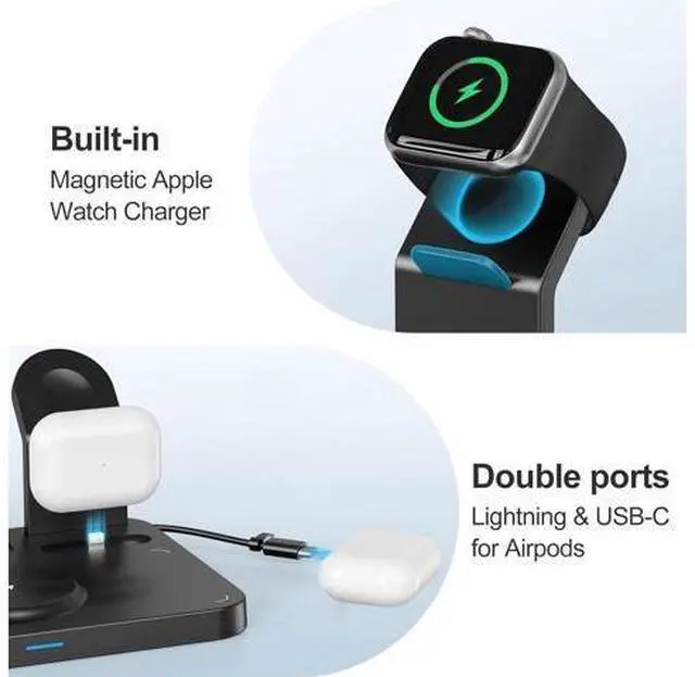 Alt view image 5 of 7 - Wireless Charging Station 5 in 1 Multiple Charger Stand with Alarm Clock 7 Night Light Mag-Safe Charging Dock for iPhone 17 16 15 14 13 12 Pro Max Plus Watch 11/10/9/8 for Airpods Bedroom