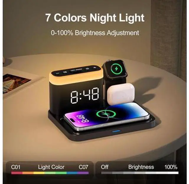 Alt view image 6 of 7 - Wireless Charging Station 5 in 1 Multiple Charger Stand with Alarm Clock 7 Night Light Mag-Safe Charging Dock for iPhone 17 16 15 14 13 12 Pro Max Plus Watch 11/10/9/8 for Airpods Bedroom