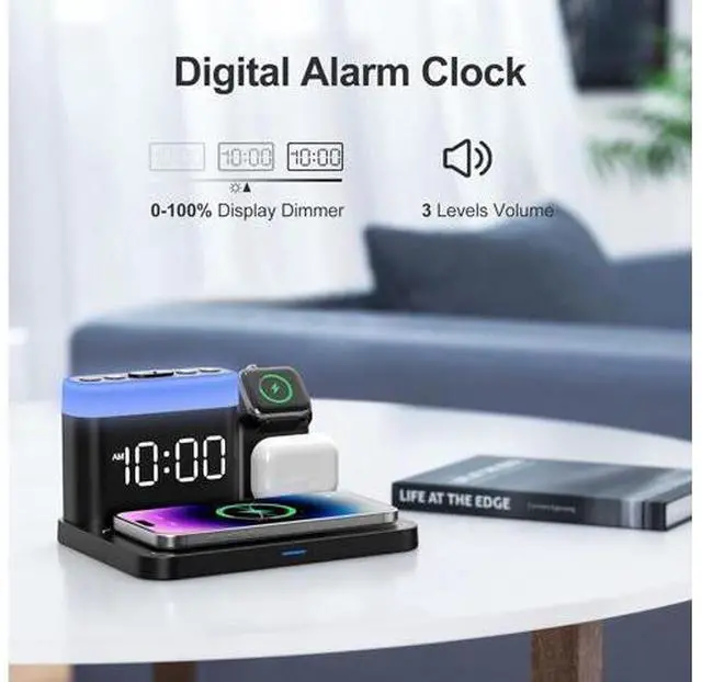 Alt view image 7 of 7 - Wireless Charging Station 5 in 1 Multiple Charger Stand with Alarm Clock 7 Night Light Mag-Safe Charging Dock for iPhone 17 16 15 14 13 12 Pro Max Plus Watch 11/10/9/8 for Airpods Bedroom