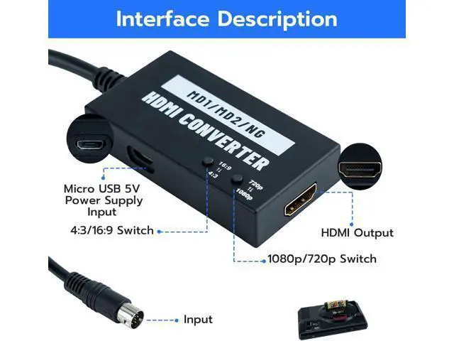 Alt view image 6 of 7 - HDMI Adapter for Sega Genesis Model 1/2/3 for HDTV Multifunctional Video Converter 4:3/16:9 720P/1080P for Genesis Model 1/2 / 3 Sega CD CDX 32X Nomad NEOGEO
