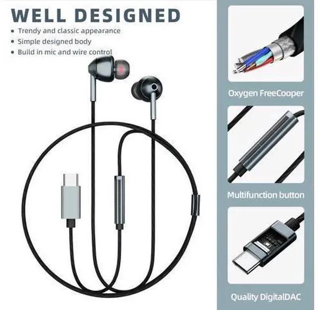 Alt view image 5 of 7 - USB-C Wired Earbuds with Microphone, Volume Control, Noise Canceling, Compatible with Samsung Galaxy S24 S23 S22, iPhone 17 16 15 Pro Pro max, Pixel Phones