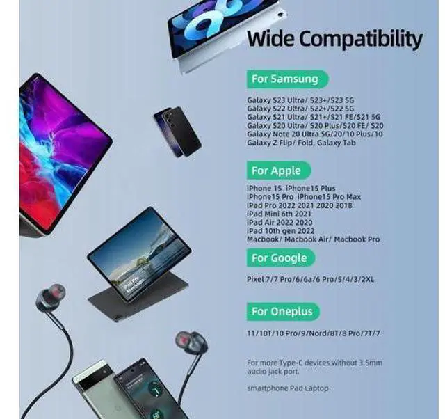 Alt view image 7 of 7 - USB-C Wired Earbuds with Microphone, Volume Control, Noise Canceling, Compatible with Samsung Galaxy S24 S23 S22, iPhone 17 16 15 Pro Pro max, Pixel Phones