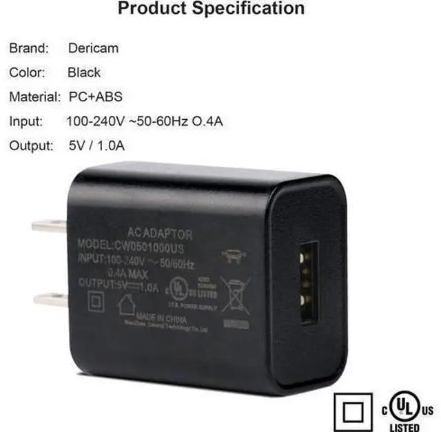 Alt view image 3 of 7 - Dericam 5V 1A Micro USB Wall Charger, Android Charger Cable, 5 Volt 1000mA AC to DC Power Adapter for Charging of Android Smartphone/Kindle Fire, Security Camera, 5ft/1.5M Power Cord, US Plug(Black)