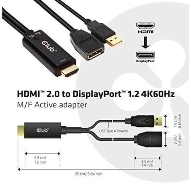 Main image of Club 3D 4K 60Hz HDMI to DisplayPort Video Adapter w/USB Power - HDMI 2.0 (Male) to DP 1.2 (Female) Active Monitor Converter (CAC-1331) (CAC-1331)