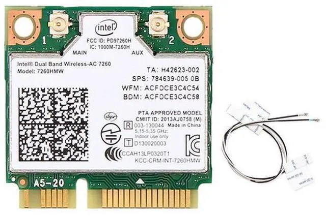 Main image of Wireless Dual Band Wifi Intel 7260 7260HMW 7260AC 2X2 Mini PCI-E Bluetooth 4.0 Wi-Fi Network Card Antennas, Up to 867Mbps (5Ghz) + 300Mbps (2.4Ghz), IEEE802.11ac/a/b/g/n, Windows 7/8/10 For Laptop PC