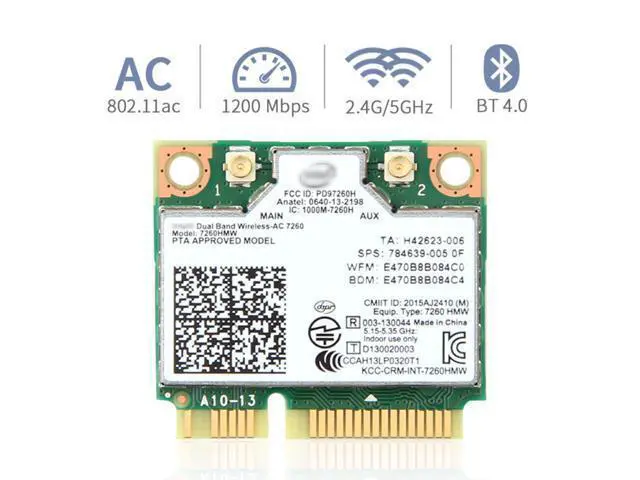 Alt view image 2 of 7 - Wireless Dual Band Wifi Intel 7260 7260HMW 7260AC 2X2 Mini PCI-E Bluetooth 4.0 Wi-Fi Network Card Antennas, Up to 867Mbps (5Ghz) + 300Mbps (2.4Ghz), IEEE802.11ac/a/b/g/n, Windows 7/8/10 For Laptop PC