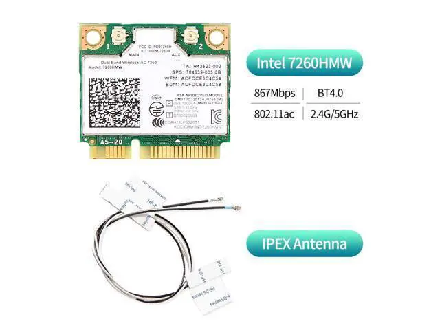 Alt view image 4 of 7 - Wireless Dual Band Wifi Intel 7260 7260HMW 7260AC 2X2 Mini PCI-E Bluetooth 4.0 Wi-Fi Network Card Antennas, Up to 867Mbps (5Ghz) + 300Mbps (2.4Ghz), IEEE802.11ac/a/b/g/n, Windows 7/8/10 For Laptop PC
