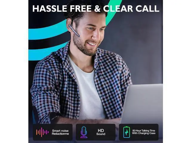 Alt view image 7 of 7 - Bluetooth Headset Eumspo V5.1 Bluetooth Earpiece 50Hrs Playtime Built-in Dual Noise Canceling Mic Wireless Headset with Microphones with 400mAh LED Charging Case for Business Office Working