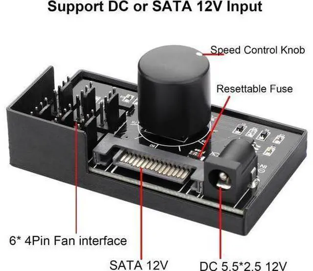 Alt view image 2 of 5 - 4 Pin 12V PWM Fan Controller 6 Fans Supported , PC Fan Adapter Hub Powered by SATA and DC 5525, Cooling Fan Speed Knob with Max Total 60W 5A Output