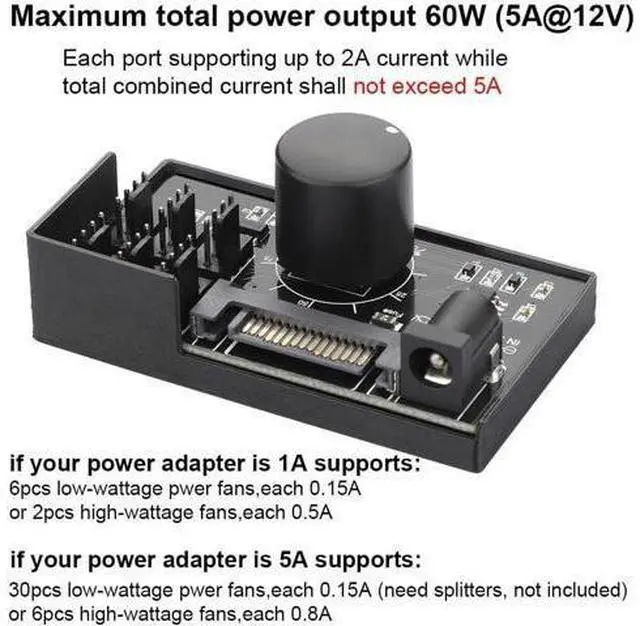 Alt view image 4 of 5 - 4 Pin 12V PWM Fan Controller 6 Fans Supported , PC Fan Adapter Hub Powered by SATA and DC 5525, Cooling Fan Speed Knob with Max Total 60W 5A Output
