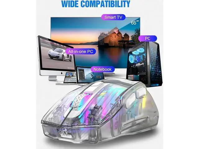 Alt view image 3 of 7 - Wireless Gaming Mice with Transparent Crystal Shell, Tri-Modes (USB Wired + 2.4G Wireless+ Bluetooth), Silent Click, Rechargeable Wireless Mouse with RGB Backlit- White