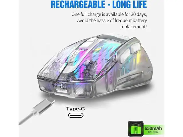 Alt view image 7 of 7 - Wireless Gaming Mice with Transparent Crystal Shell, Tri-Modes (USB Wired + 2.4G Wireless+ Bluetooth), Silent Click, Rechargeable Wireless Mouse with RGB Backlit- White