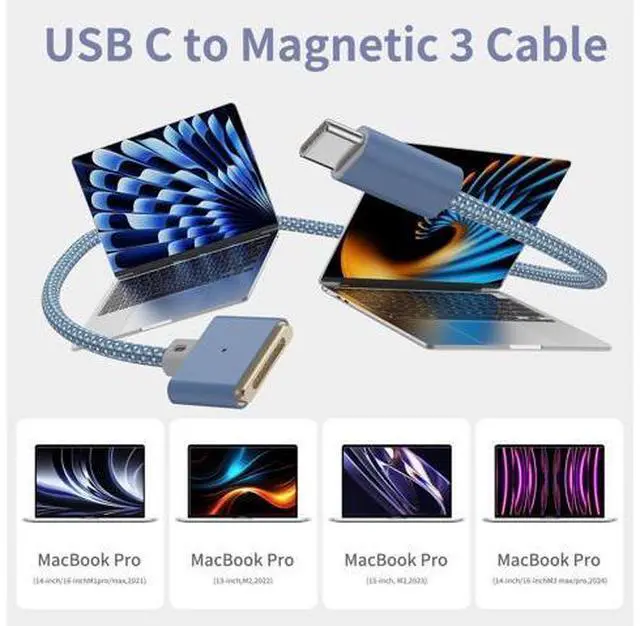Alt view image 6 of 7 - USB-C to Magnetic 3 Cable Compatible with Magsafe Charging - 140W Fast Charging, 6.6ft Braided Cable for MacBook Pro/Air M4 M3 M2 Models (2021-2025) - Blue