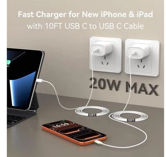 Alt view image 3 of 6 - iPhone 17 16 15 Charger Fast Charging, 10 FT Long USB C Charger Cord with 20W Type C Fast Phone Charging Block for iPhone 17/17 Pro/17 Pro max/Air, for iPhone 16 15 Pro Max Plus, iPad, Android