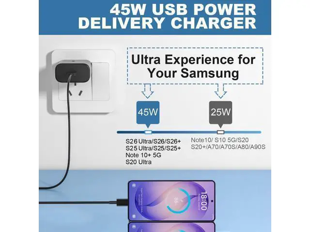Alt view image 3 of 6 - 45W USB C Super Fast Charger, Type C Charger Fast Charging Android Phone Charger with 6.6ft Cable Cord for Samsung Galaxy S26 Ultra/S26/S26+/S25 Ultra/S25/S24/S23 Ultra/S22 Ultra/S20 Ultra/Note 10