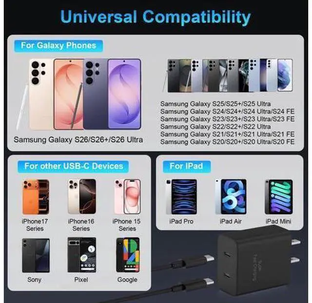 Alt view image 2 of 7 - 45W 2Pack Super Fast Charger USB C Dual Port Android Phone Charger Type C Fast Charging Block with 10FT Type-C Charger Cord for Samsung Galaxy S26 Ultra/S26/S26+/S25/S24/S23/S22/S21+/iPhone 17/16/15