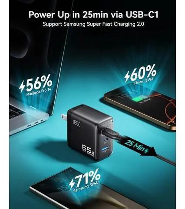 Alt view image 3 of 7 - INIU 65W USB C Charger Block, 3-Port GaN Fast Charging Adapter with 100W Cable & Advanced Protection, Foldable Travel Charger for iPhone 17 16 15 Pro Max, iPad, Samsung S26 S25 Ultra, Pixel eReaders