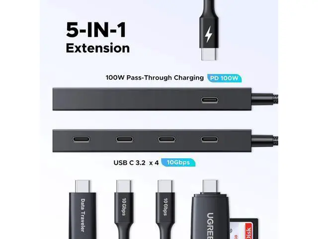 Alt view image 2 of 7 - UGREEN Powered 100W 10Gbps USB C Hub - 5 in 1 Adapter with 4 USB-C, 100W PD Ports for MacBook/Air, iPad Pro, iPhone, Surface, Laptops and More