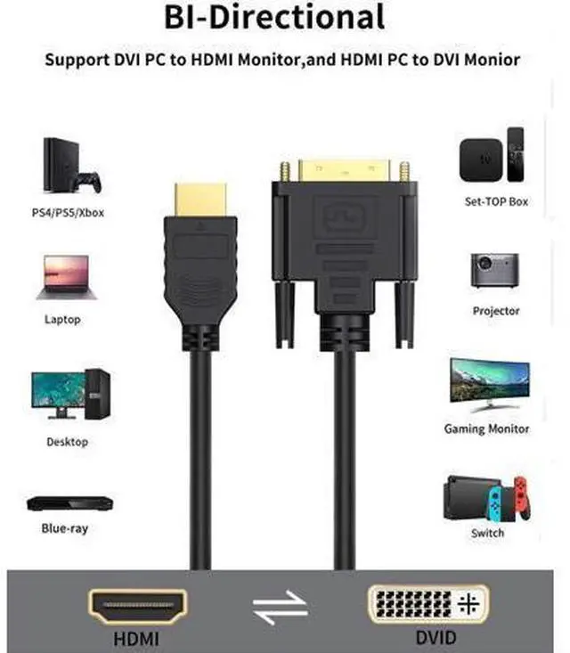 Alt view image 7 of 7 - HDMI to DVI Cable, 0.15 m Bi-Directional HDMI Female to DVI (24+1) Male Adapter Cable, HDMI DVI Conveter, Support 1080P, 3D, Gold-Plated, 0.5 Ft/Black