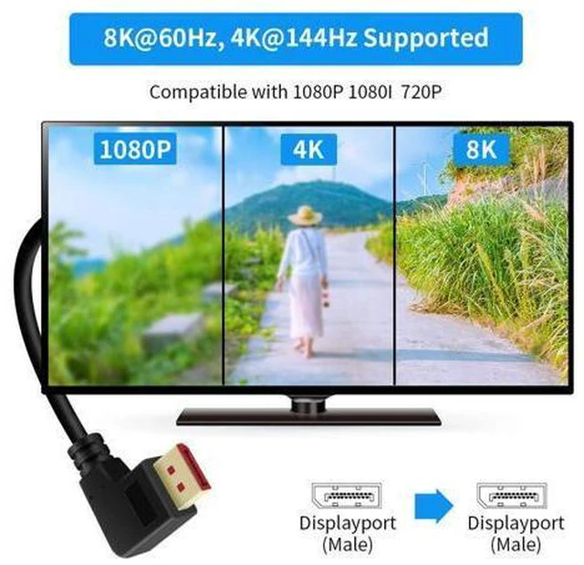 Alt view image 3 of 7 - Right Angle Displayport 1.4 Cable Left Angled Displayport Cable, B 90-Degree Angled Displayport Cable V1.4 6FT/1.8M up to 8K/60Hz, 4K/144Hz Supported