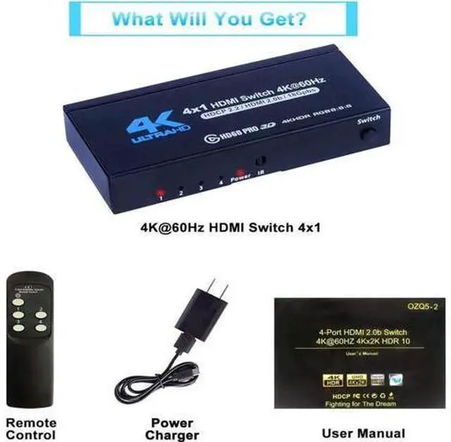 Alt view image 7 of 7 - 4K HDMI Switch 4x1, 4K@60Hz 4 in 1 Out HDMI Switcher Selector with IR Remote Control, Supports HDCP 2.2 4K@60Hz UltraHD HDR10 3D HD1080P Dolby DST, HDMI Splitter for PS4 Xbox Apple TV Fire Stick