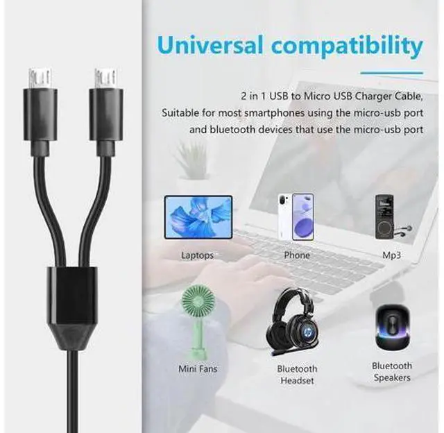 Alt view image 2 of 7 - Micro USB Multi Charging Cable, 3FT USB 2.0 Type A Male to 2 Micro USB Male Splitter Y Data Charge Connector Adapter Cable (Black) 2Pack