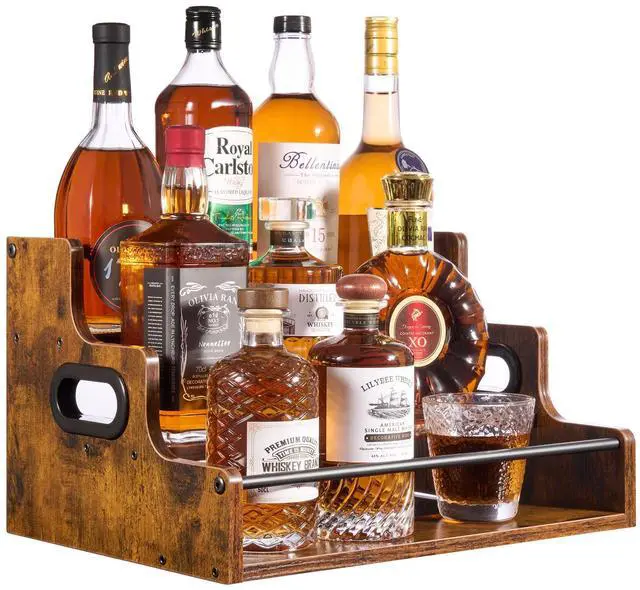 Main image of Liquor Bottle Display Shelf, 3-Tier Bar Shelves for Liquor Whiskey, Spirits, Coffee Syrup Rack Organizer with Handles & Metal Guardrail, Bar Bottle Stand for Home, Kitchen, Cafe