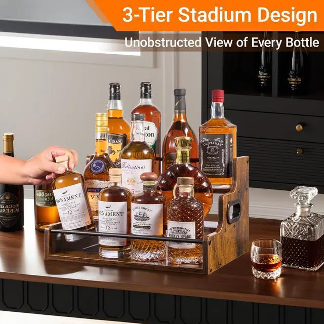 Alt view image 2 of 7 - Liquor Bottle Display Shelf, 3-Tier Bar Shelves for Liquor Whiskey, Spirits, Coffee Syrup Rack Organizer with Handles & Metal Guardrail, Bar Bottle Stand for Home, Kitchen, Cafe