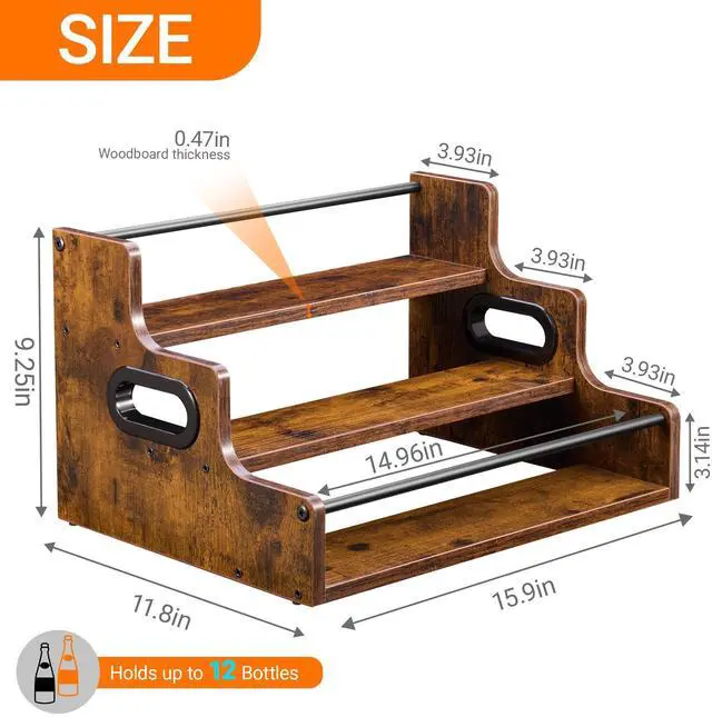 Alt view image 3 of 7 - Liquor Bottle Display Shelf, 3-Tier Bar Shelves for Liquor Whiskey, Spirits, Coffee Syrup Rack Organizer with Handles & Metal Guardrail, Bar Bottle Stand for Home, Kitchen, Cafe