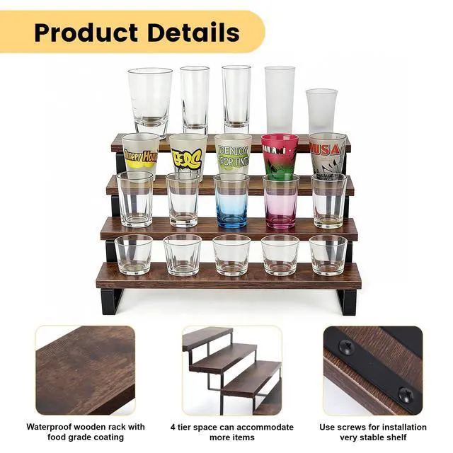 Alt view image 2 of 7 - 4 Tier Rustic Wood Shot Glass Display Stand, Perfect for Shot Glass Storage Organizer, Rustic Shelf Suitable for Perfume Display and Spice, Ideal for Kitchen, Home Bar & Man Cave, Easy to Assemble