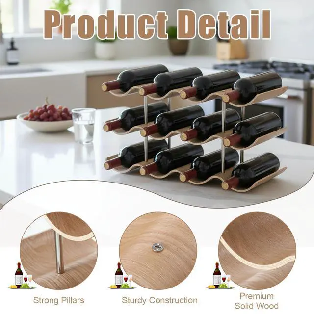 Alt view image 3 of 7 - 12 Bottle Countertop Wine Rack 3 Tier Wooden Wine Storage Rack Freestanding Wines Shelf Storage Organizer for Inside Cabinet Organizer for Home Kitchen Bar
