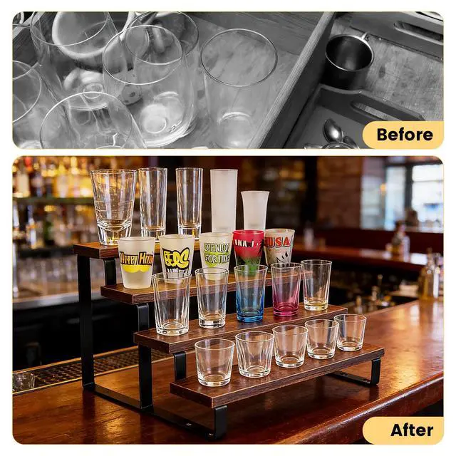 Alt view image 5 of 7 - 4 Tier Rustic Wood Shot Glass Display Stand, Perfect for Shot Glass Storage Organizer, Rustic Shelf Suitable for Perfume Display and Spice, Ideal for Kitchen, Home Bar & Man Cave, Easy to Assemble