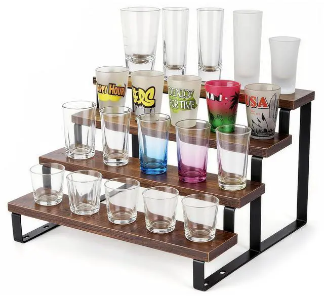 Main image of 4 Tier Rustic Wood Shot Glass Display Stand, Perfect for Shot Glass Storage Organizer, Rustic Shelf Suitable for Perfume Display and Spice, Ideal for Kitchen, Home Bar & Man Cave, Easy to Assemble