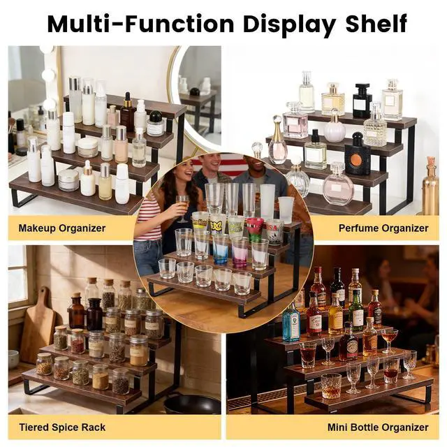 Alt view image 6 of 7 - 4 Tier Rustic Wood Shot Glass Display Stand, Perfect for Shot Glass Storage Organizer, Rustic Shelf Suitable for Perfume Display and Spice, Ideal for Kitchen, Home Bar & Man Cave, Easy to Assemble