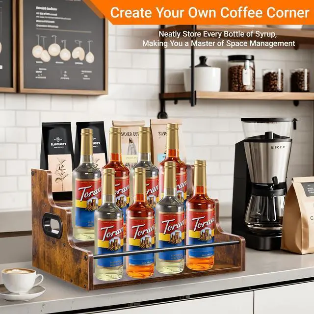 Alt view image 5 of 7 - Liquor Bottle Display Shelf, 3-Tier Bar Shelves for Liquor Whiskey, Spirits, Coffee Syrup Rack Organizer with Handles & Metal Guardrail, Bar Bottle Stand for Home, Kitchen, Cafe