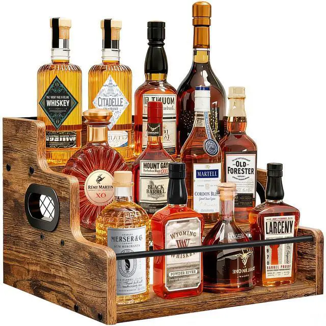Main image of Liquor Bottle Display Shelf, 3 Step Coffee Syrup Rack Organizer, Countertop Liquor Wine Rack, Mini bar, Liquor Cabinet, Home Retro Bar Shelf Stand for Whiskey Alcohol Drink