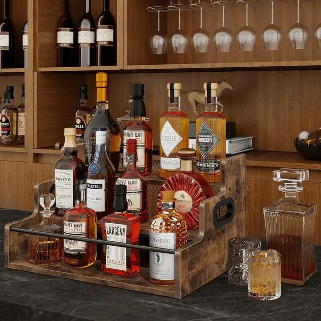Alt view image 3 of 6 - Liquor Bottle Display Shelf, 3 Step Coffee Syrup Rack Organizer, Countertop Liquor Wine Rack, Mini bar, Liquor Cabinet, Home Retro Bar Shelf Stand for Whiskey Alcohol Drink