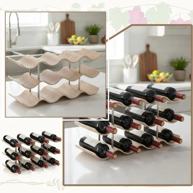 Alt view image 7 of 7 - 12 Bottle Countertop Wine Rack 3 Tier Wooden Wine Storage Rack Freestanding Wines Shelf Storage Organizer for Inside Cabinet Organizer for Home Kitchen Bar