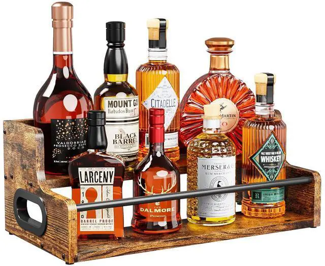 Main image of Liquor Bottle Display Shelf, Coffee Syrup Rack Organizer, 2 Step Countertop Liquor Wine Rack, mini bar,Liquor Cabinet, Home Retro Bar Shelf Stand for Liquor Whiskey, Spirits, Brown
