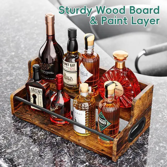 Alt view image 5 of 7 - Liquor Bottle Display Shelf, Coffee Syrup Rack Organizer, 2 Step Countertop Liquor Wine Rack, mini bar,Liquor Cabinet, Home Retro Bar Shelf Stand for Liquor Whiskey, Spirits, Brown