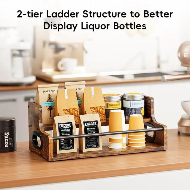 Alt view image 6 of 7 - Liquor Bottle Display Shelf, Coffee Syrup Rack Organizer, 2 Step Countertop Liquor Wine Rack, mini bar,Liquor Cabinet, Home Retro Bar Shelf Stand for Liquor Whiskey, Spirits, Brown
