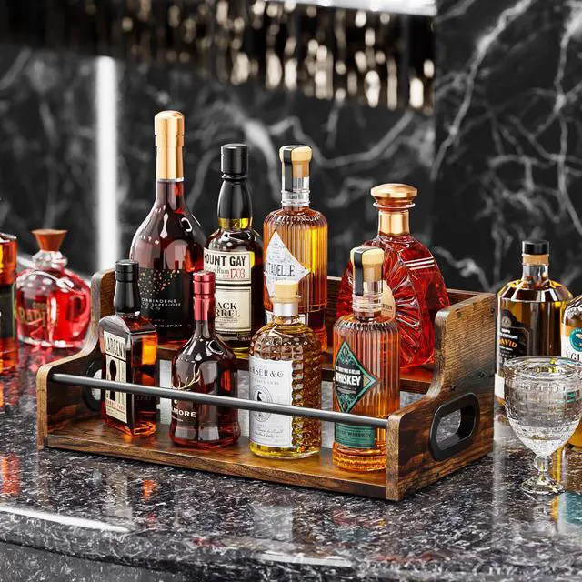 Alt view image 3 of 7 - Liquor Bottle Display Shelf, Coffee Syrup Rack Organizer, 2 Step Countertop Liquor Wine Rack, mini bar,Liquor Cabinet, Home Retro Bar Shelf Stand for Liquor Whiskey, Spirits, Brown