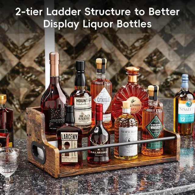 Alt view image 7 of 7 - Liquor Bottle Display Shelf, Coffee Syrup Rack Organizer, 2 Step Countertop Liquor Wine Rack, mini bar,Liquor Cabinet, Home Retro Bar Shelf Stand for Liquor Whiskey, Spirits, Brown