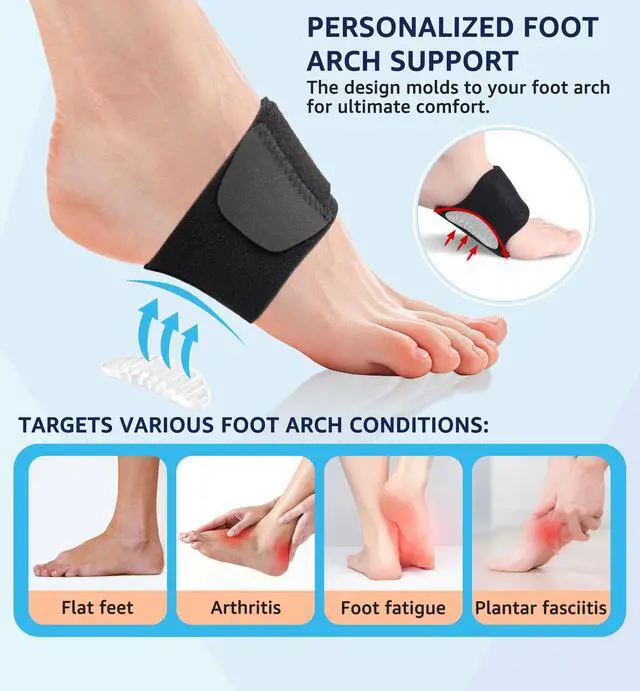 Alt view image 3 of 6 - Arch Support Braces (Pair) for Plantar Fasciitis Relief - Adjustable Neoprene Arch Support Wraps with Gel Pads for Flat Feet High & Fallen Arch, Wear Over or Under Socks, Fits All Shoes (Black)