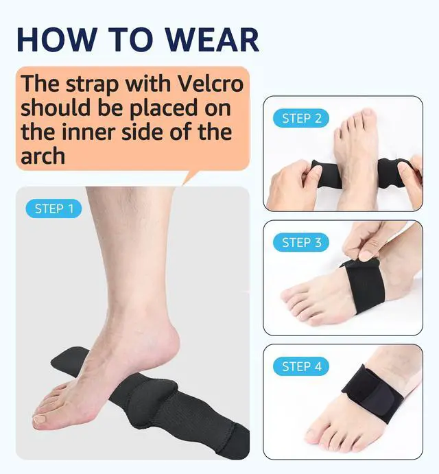 Alt view image 5 of 6 - Arch Support Braces (Pair) for Plantar Fasciitis Relief - Adjustable Neoprene Arch Support Wraps with Gel Pads for Flat Feet High & Fallen Arch, Wear Over or Under Socks, Fits All Shoes (Black)