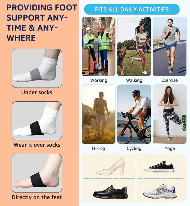 Alt view image 6 of 6 - Arch Support Braces (Pair) for Plantar Fasciitis Relief - Adjustable Neoprene Arch Support Wraps with Gel Pads for Flat Feet High & Fallen Arch, Wear Over or Under Socks, Fits All Shoes (Black)